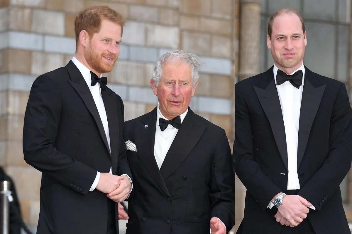 Foto colorida de três homens com smoking - Metrópoles